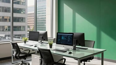 A clean, modern North American collaborative office space in a downtown skyscraper. Minimalist glass desks, professional digital marketing workstations, and an emerald green accent wall. Bright natural daylight streaming through large windows, creating a professional and confident atmosphere.