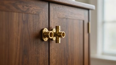 Close-up of custom brass fittings on a dark wood cabinet, warm editorial architectural photography, soft natural light.