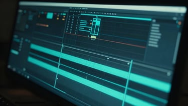 Cinematic digital art, high-contrast neon teal lighting, deep shadows, close-up of a digital editing timeline glowing in a dark room, ultra-detailed 8k render, 16:9 aspect ratio