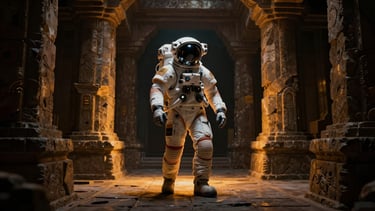Cinematic digital art, dramatic cybernetic amber lighting, deep shadows, an astronaut exploring an ancient stone temple, ultra-detailed 8k render, 16:9 aspect ratio