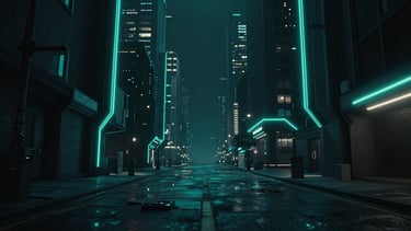 Cinematic digital art, dramatic electric teal edge lighting, deep shadows, a futuristic cybernetic city street at night, ultra-detailed 8k render, 16:9 aspect ratio