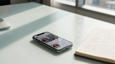 A high-end, modern Brazilian creative agency office in São Paulo. A desk with a smartphone displaying a social media feed and a notebook with marketing strategies. Natural afternoon light fills the room, highlighting clean textures in light teal and off-white. Professional, results-driven atmosphere with a hint of urban landscape through a window.