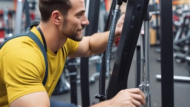 Technician performing maintenance on a treadmill in a busy gym environment.