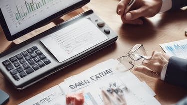 A focused professional analyzing financial charts on a laptop in a modern office