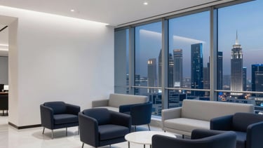 A professional, high-end photograph of a sleek business lounge in Riyadh, Saudi Arabia. The setting features clean architectural lines, premium minimalist furniture, and a window with a view of the city skyline at dusk. The atmosphere is results-driven and modern, incorporating a color palette of white, light gray, and deep navy blue.