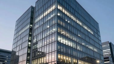 A sharp, wide-angle photograph of a sleek, modern corporate headquarters at dusk, featuring floor-to-ceiling glass windows and illuminated by sophisticated soft blue and white lighting. International / Business setting with a sense of innovation and forward-thinking intelligence. Soft focus on a clean architectural skyline in the background.