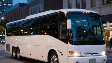 A high-end, wide-angle photograph of a sleek white motorcoach parked along a clean North American city street at dusk. The bus reflects the ambient city lights. The composition is professional and clean, with a sophisticated atmosphere. Elements of Deep Blue and Muted Blue are visible in the background architecture.