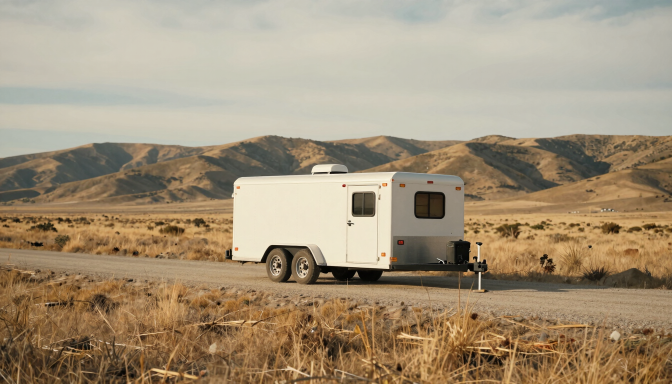Wide environmental shot of a rescue trailer parked along a dusty road in the dry grasslands of Northern California, hills in the background, overcast light, 35mm.