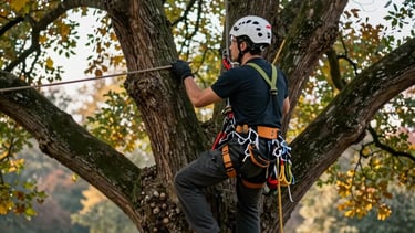 Professional arborist in high-quality safety harness and helmet working on a large ancient tree in a public park, Central European setting in Poland. Soft morning light filtering through autumn leaves, showing specialized climbing ropes and modern equipment. Scandinavian precision aesthetic, professional atmosphere, colors including dark green and sand wood tones.