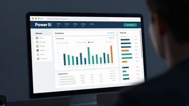 Over-the-shoulder view of an analyst reviewing a clean Power BI dashboard with crisp data visualizations, cool ambient glow
