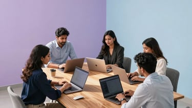 A bright and airy high-angle photography shot of a modern office space in Pune, South Asian / Indian professionals collaborating around a large wooden table with laptops, background features soft lavender and light blue gradients on the walls, minimal and clean aesthetic with natural sunlight.