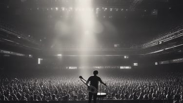 A musician performing live with vibrant stage lighting.