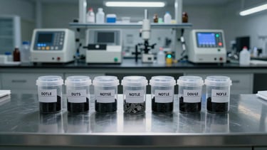 Wide panoramic laboratory workstation, a row of sealed and labeled asbestos bulk sample containers on stainless steel surface, calibrated analytical equipment in background, shadowless studio strobe lighting, cool silver and charcoal tones, subject centered with empty counter visible on both sides