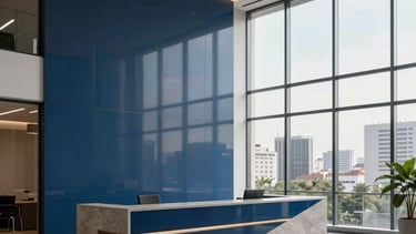 A high-end, professional corporate office reception area in a Brazilian city. Minimalist design with glass and stone materials, accented with deep blue and steel blue colors. Soft morning lighting coming through large floor-to-ceiling windows. Professional and solid atmosphere, South American / Brazilian architecture.