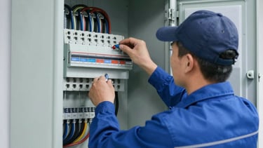 Smiling electrician wearing a precise price electric uniform on site.