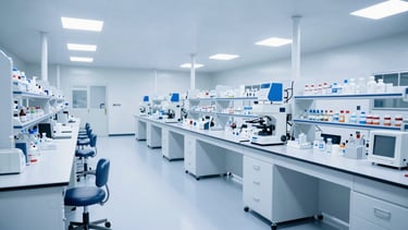 Clean clinical photography, bright high-key laboratory lighting, sterile blue and white tones, sharp focus, 35mm, wide shot of modern pharmaceutical distribution center with organized shipping bays