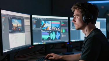 A cinematic side-profile shot of a game developer working in a dark room illuminated by the glow of three screens. High tech, professional North American / Global freelancer aesthetic.