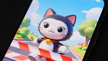 A detailed studio close-up of a smartphone screen showing a cartoon cat character crossing a finish line. Vibrant colors and high-quality game assets. North American / Global market style.