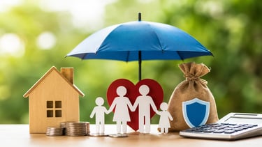 Indian family insurance and tax planning concept with umbrella, house, calculator, and savings symbo