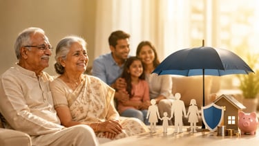 Happy Indian senior couple with family and insurance protection symbols at home