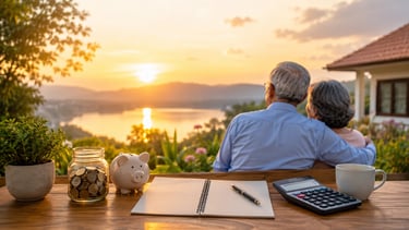 Elderly couple enjoying retirement with savings and financial planning items at sunset