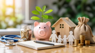 Piggy bank, coins, family figures, and house model showing savings and financial planning concept