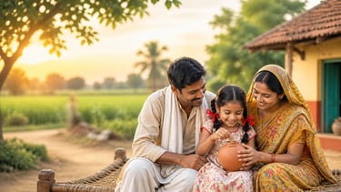 Indian rural family teaching young girl to save money with clay piggy bank outdoors