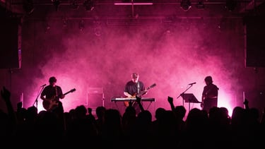 Live concert performance, band surrounded by deep pink neon haze and synthesizers, crowd silhouette, high contrast