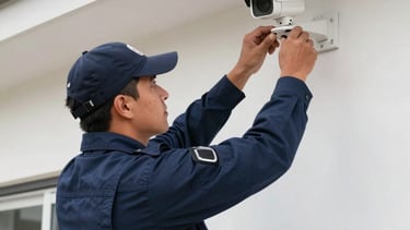 A professional South American security technician in a navy blue uniform installs a high-tech surveillance camera on the clean white exterior wall of a modern home. The scene is bright and clear, projecting reliability and expertise. Professional photography.