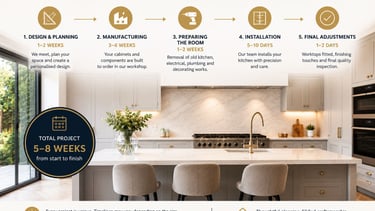 Bespoke kitchen installation timeline in a modern luxury kitchen showing the design, manufacturing a