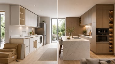 Side-by-side comparison of a bespoke fitted kitchen and a standard flat-pack kitchen in a modern UK 