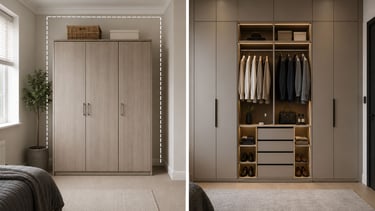 Bespoke fitted wardrobe compared with a freestanding wardrobe in a modern bedroom