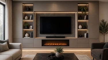 Modern bespoke media wall with integrated storage, floating shelves and LED lighting in a contempora