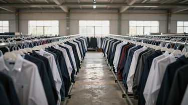 Wide environmental shot inside an organized garment warehouse, rows of labeled hanging uniform garments on steel rails, natural daylight from high windows, straight-on framing, no people, inventory depth visible in background