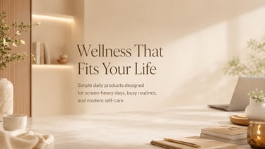 Minimalist home office desk with daily wellness products for a modern self-care routine.