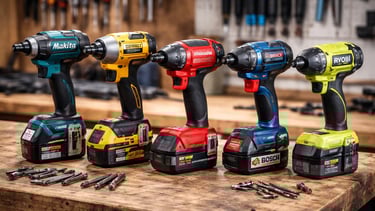 Cordless impact drivers from Makita, DeWalt, Milwaukee, Bosch, and Ryobi brands on a wooden workbench.