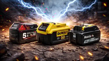 Milwaukee, DeWalt, and Makita lithium-ion power tool batteries with electric sparks.