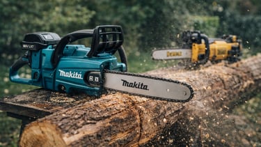 Makita cordless chainsaw cutting a wooden log outdoors with wood chips flying.