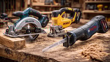 Makita circular saw, DeWalt jigsaw, and Bosch reciprocating saw power tools on a wooden workbench.