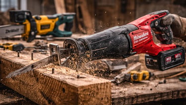 Milwaukee M18 FUEL reciprocating saw cutting through a wooden beam with sparks and sawdust in a workshop.