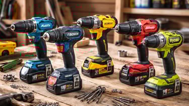 A collection of 18V cordless power drills from Makita, Bosch, Dewalt, Milwaukee, and Ryobi on a workbench.