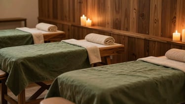 Serene teakwood treatment room with low-key warm golden lighting, flickering candles, soft forest green linens, clean and quiet environment, warm editorial photography