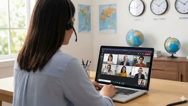 Collaboratrice en réunion avec les collègues d'autres pays