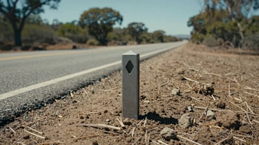 Low-angle ground shot of a land parcel corner marker post set in firm soil, cardinal direction stake visible beside it, access road receding into the background, clear midday light, sparse native vegetation — precise and documentary, no people