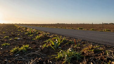 Wide environmental shot from within a raw land parcel looking outward toward the access road, soil type and vegetation clearly visible in the foreground, perimeter fence line in the mid-ground, open sky above, golden hour natural light — no people, no staging