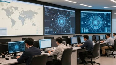 A wide photography shot of a sleek, global IT operations center in Istanbul with large screens showing network maps, illuminated with off-white and medium blue tones, conveying innovation and reliability.