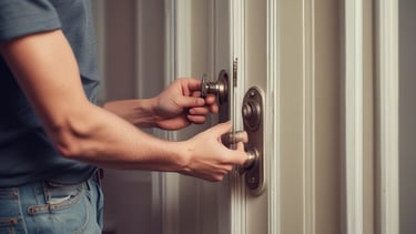 A locksmith fixing a door lock during nighttime emergency service