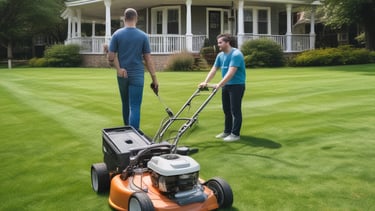A gardener trimming a lush green lawn on a sunny day