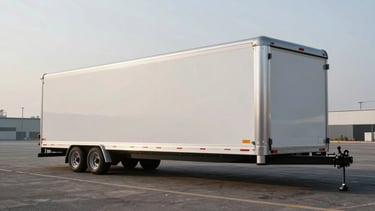 Wide-angle shot of a clean enclosed transport trailer parked on an asphalt lot under crisp morning light, professional logistics equipment