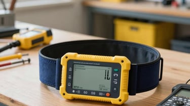 A professional Oceanian electrician's equipment belt and modern diagnostic tools resting on a clean wooden workbench in a bright New Zealand workshop. Soft natural light, navy blue and electric yellow highlights in the background, clean and professional architectural photography style.